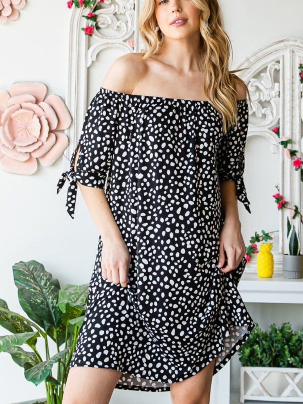 B79 SHORT SLEEVE WITH SELF TIE OFF SHOULDER ANIMAL PRINT MINI DRESS BLACK NEW